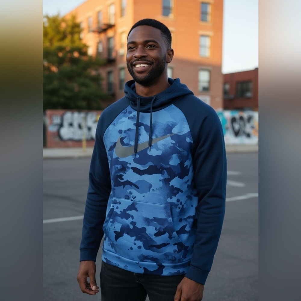 Nike Adults Size Small Drifit Blue Camo Hoodie Casual Wear Pullover